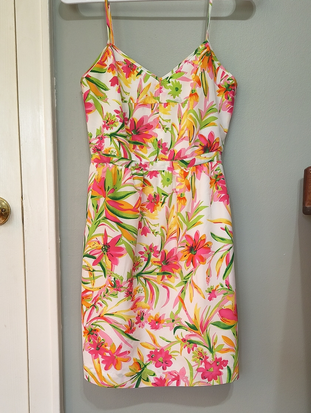 J. Crew White Floral Spaghetti-Strap Mini Dress with Pink and Green Accents